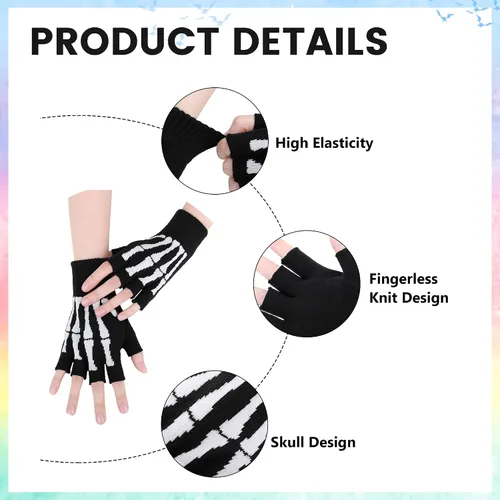 Vista 2 de Simplicity Guantes de esqueleto sin dedos para mujeres y hombres, guantes de calavera elásticos de punto