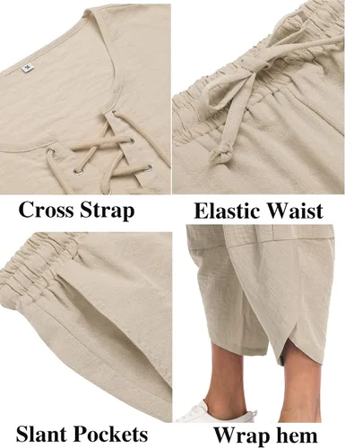 Vista 5 de Babioboa Conjunto de 2 piezas de lino para hombre, camisa hippie de manga corta y pantalones capri harén holgados para playa, pantalones de yoga