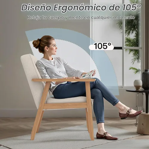 Vista 5 de Silla decorativa de lino beige, sillón copetudo con marco de madera