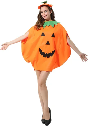 Vista 5 de FEPITO Disfraz unisex de calabaza de Halloween para adultos, 4 piezas, disfraces divertidos de Halloween, calabaza naranja, cosplay, ropa de fiesta