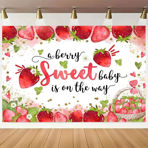 Vista 3 de Fondo de pantalla rosa de fresa para baby shower, fruta fresca y puntos dorados, papel tapiz fotográfico para niña, baby shower, decoración