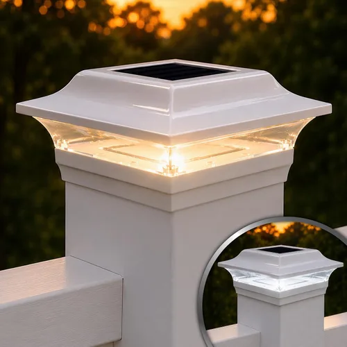 Vista 3 de Classy Caps Tapa de poste solar imperial de 5 x 5 pulgadas, se adapta a postes de cubierta y valla de 5 x 5 pulgadas, aluminio fundido blanco, modos