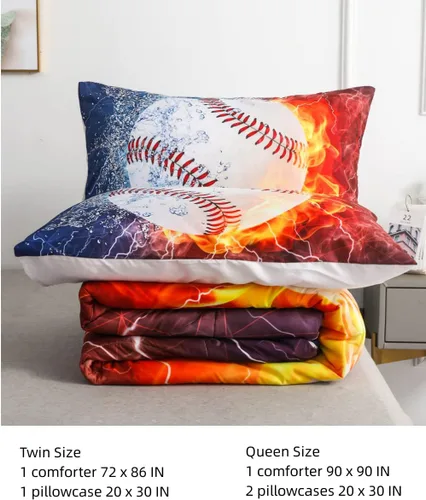 Vista 2 de Juegos de Edredón de Béisbol Deportivo Tamaño Queen Full - Juego de Cama de 3 Piezas Ice Flame Galaxy Béisbol para Niños Colcha Cubrecama