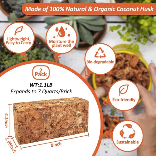 Vista 2 de Riare Paquete de 2 sustratos de chips de coco para plantas, 2.2 libras, ladrillo de cáscara de coco 100% orgánico con baja EC y pH equilibrado