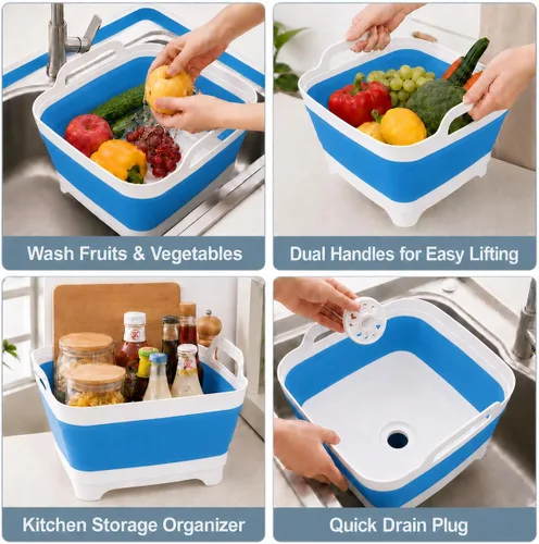 Vista 6 de Lavaplatos plegable de 2.4 galones (9L) con tapón de drenaje, para exteriores, multiuso, ahorro de espacio, bandeja de almacenamiento de cocina
