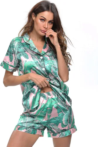 Vista 4 de SWOMOG - Conjunto de pijama de satén de seda para mujer, de dos piezas, con botones, ropa para dormir o descansar