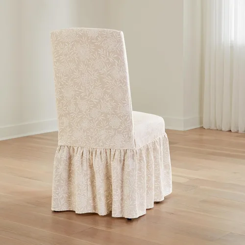 Vista 4 de SureFit Essential - Funda larga para silla de comedor con volantes de sarga con diseño estampado de algodón, falda larga con volantes y pliegues