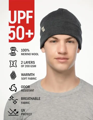 Vista 2 de 100% Merino Wool Beanie - Cuffed Ski Running Winter Hat for Men Women Charcoal Gray