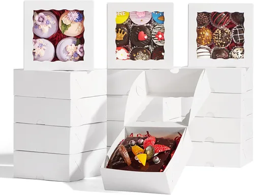 Vista 15 de 20 piezas cajas de panadería elegantes de 6 x 6 x 2.5 pulgadas con ventana, ideales para galletas, fresas cubiertas de chocolate, pasteles