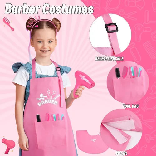 Vista 4 de Gifts2U Juguetes de peluquería para niñas, juego de salón de belleza para niñas, juego de peluquería con secador de pelo, delantal de disfraz