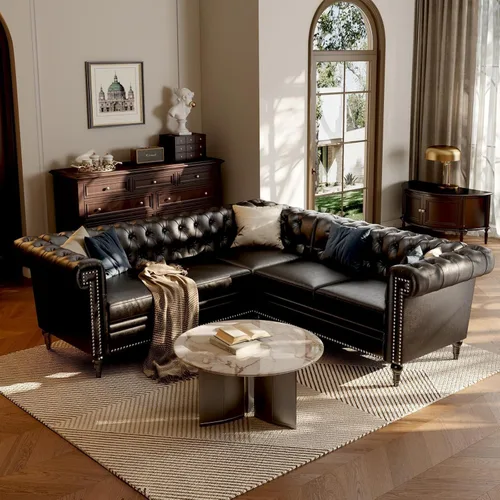 Vista 7 de Sofá modular Chesterfield de 85 pulgadas, sofá convertible de piel sintética en forma de L con cabeza de clavo copetuda y brazos enrollados, sofás