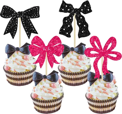Vista 10 de Ephlyn 24 adornos para cupcakes con lazo para decoración de pastel de cumpleaños, decoración de fiesta de cumpleaños para niñas, decoración de Negro