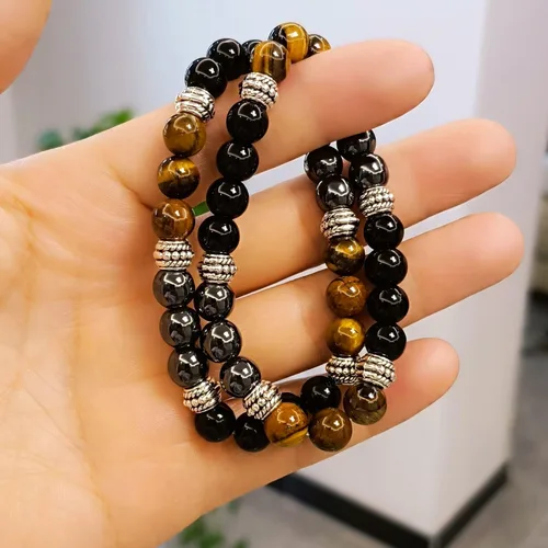 Vista 5 de Pulsera de triple protección para traer suerte y prosperidad, pulseras de hematita negra con obsidiana y ojo de tigre para hombres y mujeres