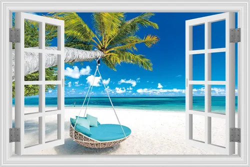 Vista 13 de FLFK Calcomanía de pared falsa para ventana, diseño de vista tropical del océano para despegar y pegar, 24 x 16 pulgadas