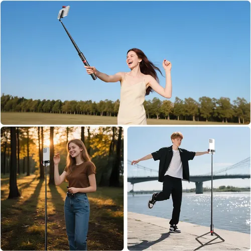 Vista 7 de NEEWER Basics PA991 Trípode selfie stick compatible con iPhone Samsung Android, trípode portátil de metal de 147 cm, ligero para viajes, soporte