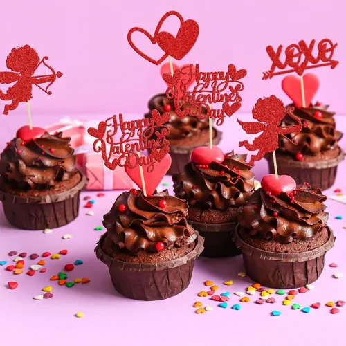 Vista 82 de Ephlyn 24 adornos para cupcakes con purpurina para el día de San Valentín, dulce amor, corazón, día de San Valentín, decoración para cupcakes