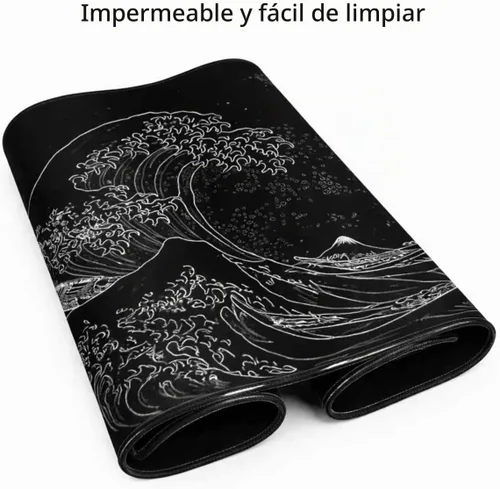 Vista 6 de Alfombrilla de mouse extendida con diseño de anime japonés de olas marinas, alfombrilla de escritorio grande de 31.5 x 11.8 pulgadas con base
