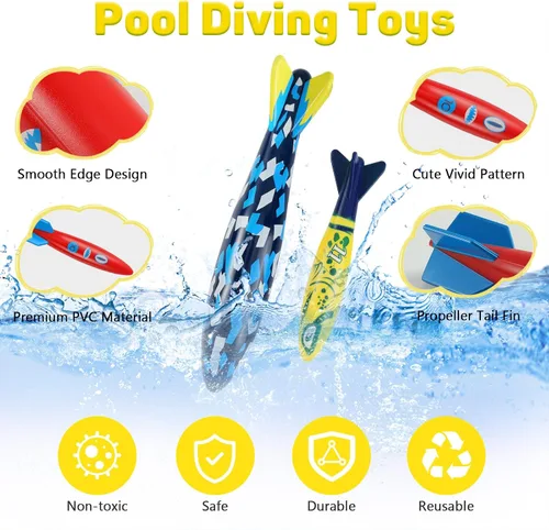 Vista 4 de MoKo Paquete de 10 juguetes de torpedo para piscina, 2 cohetes grandes y 8 pequeños de buceo para niños y adultos, juguetes de deslizamiento