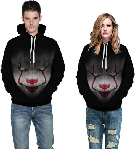 Vista 4 de ZXTXGG Suéter unisex con estampado digital 3D, ojos aterradores, cara de payaso con capucha para parejas