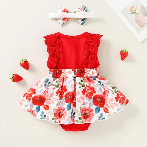 Vista 4 de YOUNGER TREE Ropa de bebé niña recién nacida, mameluco floral para bebé, mameluco para bebé, diadema para bebé, trajes de verano