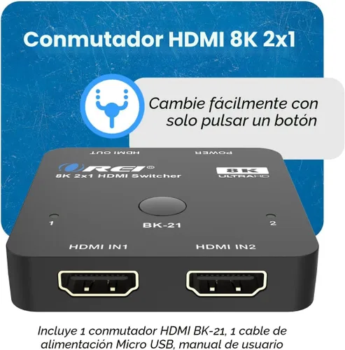 Vista 2 de OREI Interruptor HDMI 2.1 de 2 puertos 8K, 8K a 60Hz, 4K a 120Hz Negro azabache