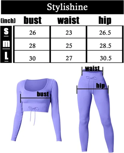 Vista 6 de Stylishine Conjunto de 2 piezas de entrenamiento para mujer, trajes acanalados de manga larga, tops cortos de cintura alta, leggings para yoga