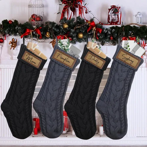 Vista 7 de steo spce Paquete de 4 medias de Navidad personalizadas con parches de cuero, medias de Navidad personalizadas con nombre, medias de Navidad