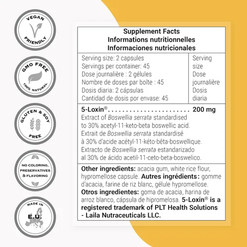 Vista 4 de Supersmart - 5-Loxin 200mg por día (patentado) - Suplemento AKBA - Extracto de boswellia serrata de 5-loxina Sin OMG y sin gluten - 90 cápsulas