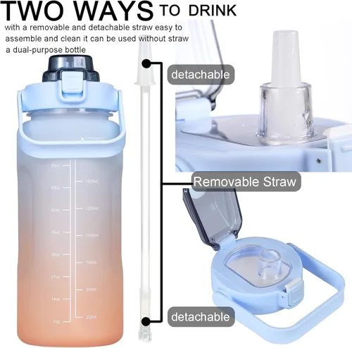 Vista 7 de Botella de agua motivacional grande con marcador de tiempo con popote sin BPA para deporte y fitness (64 onzas/medio galón) (azul-naranja)