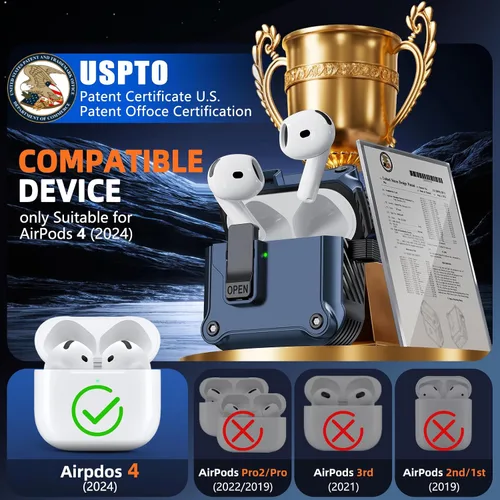 Vista 2 de Inesore Compatible con funda para AirPods de 4ª generación, con kit de limpieza, interruptor automático de clic seguro para nueva funda de carga
