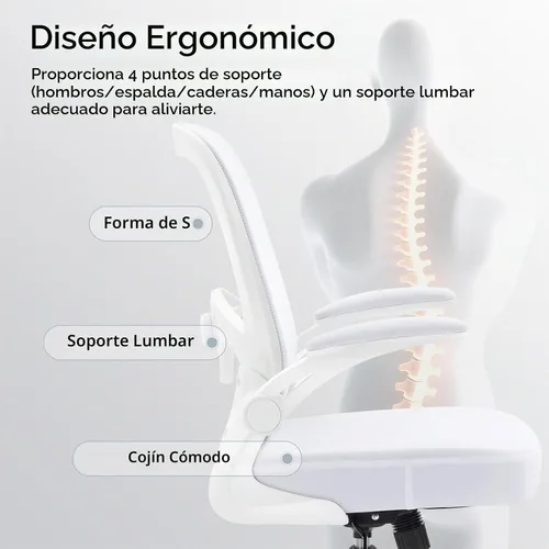 Vista 8 de Silla de oficina, silla de escritorio ergonómica de malla con soporte lumbar ajustable, silla de computadora con reposabrazos abatibles, sillas