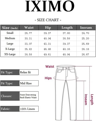 Vista 6 de IXIMO - Pantalones de pierna cónica para mujer, 100% de lino, cintura elástica con cordón ajustable en la espalda, longitud hasta el tobillo