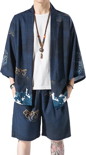 Vista 14 de PRIJOUHE Mens Kimono Two Piece Set Japanese Yukata Summer Beach Outfits