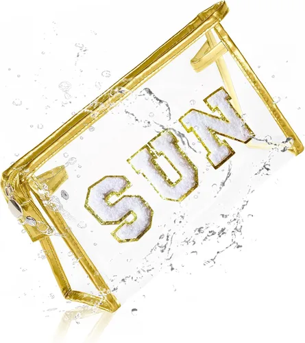 Vista 8 de COSHAYSOO Bolsa de Maquillaje Transparente con Protección Solar, Bolsa de Protector Solar con Parches de Letras, Accesorios Esenciales de Playa