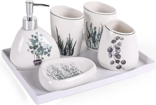Vista 10 de Juego de accesorios de baño blancos, decoración moderna de baño de encimera, juego de accesorios de baño de lujo de 6 piezas, completo con Animal