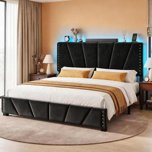 Vista 11 de EnHomee Base de cama individual con luces LED y USB, sin ruido, color beige
