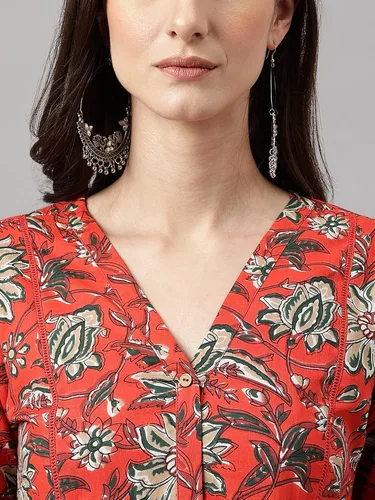 Vista 8 de Janasya Indian - Kurta de algodón naranja óxido con estampado floral para mujer