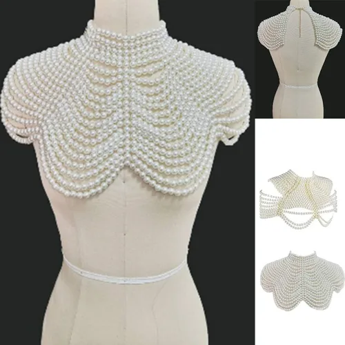 Vista 4 de Collar de gargantilla con cuentas de perlas de imitación para mujer, collar de chal de cadena para el cuerpo, Madera, Perla