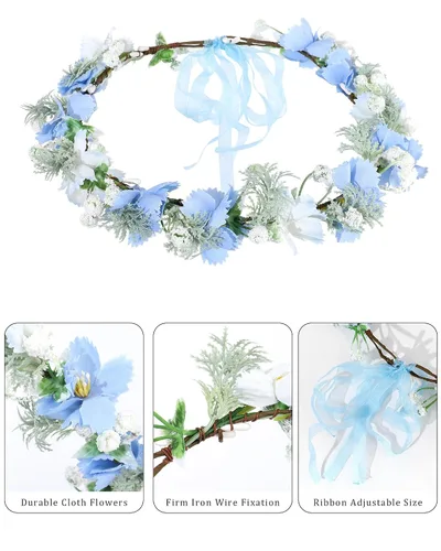 Vista 2 de Corona de flores sintéticas para mujer, diadema floral para novia Azul-1