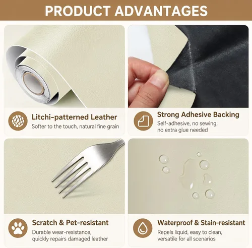 Vista 3 de Parche de reparación de cuero para sofás, kit de cinta de reparación de cuero autoadhesiva para muebles, sofás, asientos de automóvil, sillas, Beige