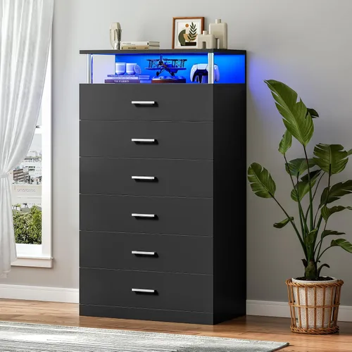 Vista 10 de AOGLLATI Cómoda blanca para dormitorio con diseño de columna, cómoda de 4 cajones con estación de carga, cómoda moderna led alta para dormitorio