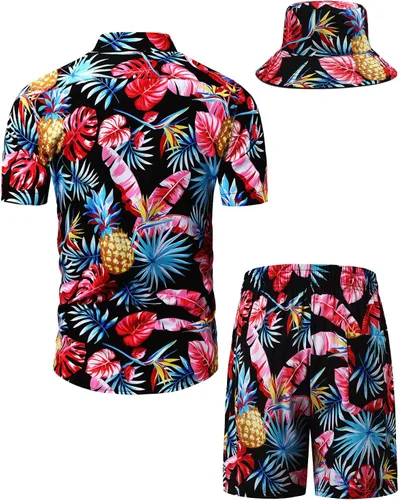 Vista 32 de TUNEVUSE Conjunto de camisas y pantalones cortos hawaianos para hombre, 2 piezas, trajes de playa con estampado de flores, traje tropical de verano