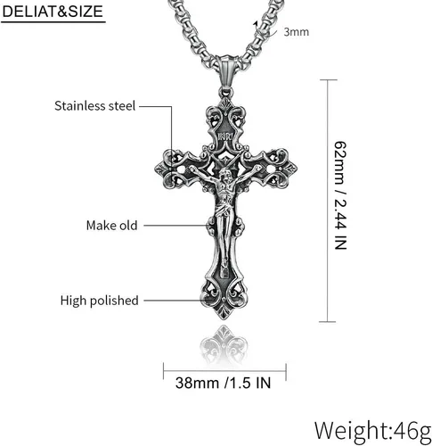 Vista 5 de Collar con colgante de cruz de oración del Señor de acero inoxidable con crucifijo de Jesucristo y versículo bíblico para hombresniñosmujeres