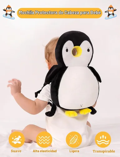 Vista 2 de JunNeng - Mochila protectora de cabeza de bebé para caminar y gatear, pingüino blanco Protector de cabeza suave, transpirable, ajustable