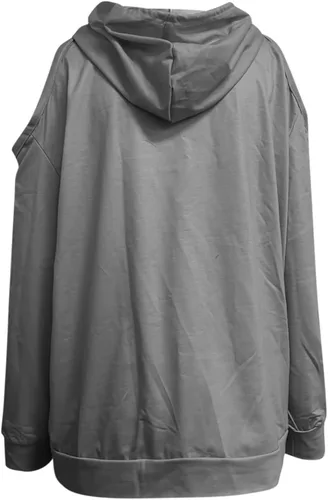 Vista 3 de Cold Shoulder Tops for Women 2023 Hooded Sweatshirt Casual Loose Drawstring Hoodies Pullover Solid Color Fall Clothes