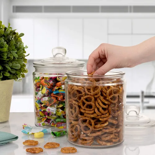 Vista 3 de Juego de 2 tarros de vidrio con tapa (2 litros) Tarro hermético de almacenamiento de galletas de vidrio para harina, pasta, dulces, golosinas