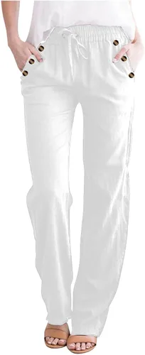 Vista 18 de Casual Pants for Women Summer Solid Color Drawstring Elastic Waist Pants Baggy Straight Leg Long Trouser with Pocket