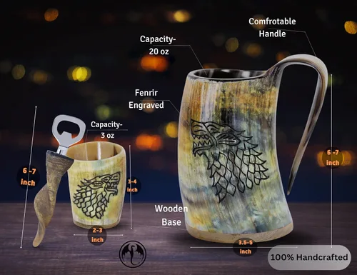Vista 4 de Taza de Cuerno Vikingo para Beber, 16-20oz Vaso de Chupito y Abrebotellas Regalos Vikingos Especiales Únicos Hechos a Mano para Hombres y Mujeres