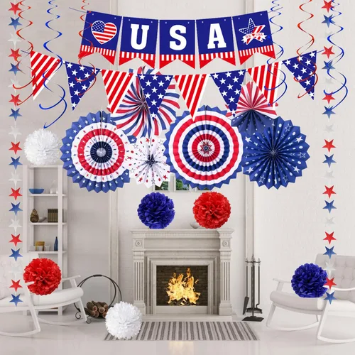 Vista 4 de Decoraciones de fiesta patriótica del 4 de julio, 6 abanicos de papel, 6 bolas de flores, 1 bandera de cola de golondrina de Estados Unidos, 1