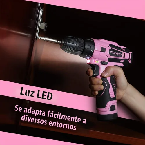 Vista 6 de WORKPRO Taladro inalámbrico rosa de 12 V y kit de herramientas para el hogar, juego de herramientas manuales para bricolaje, mantenimiento